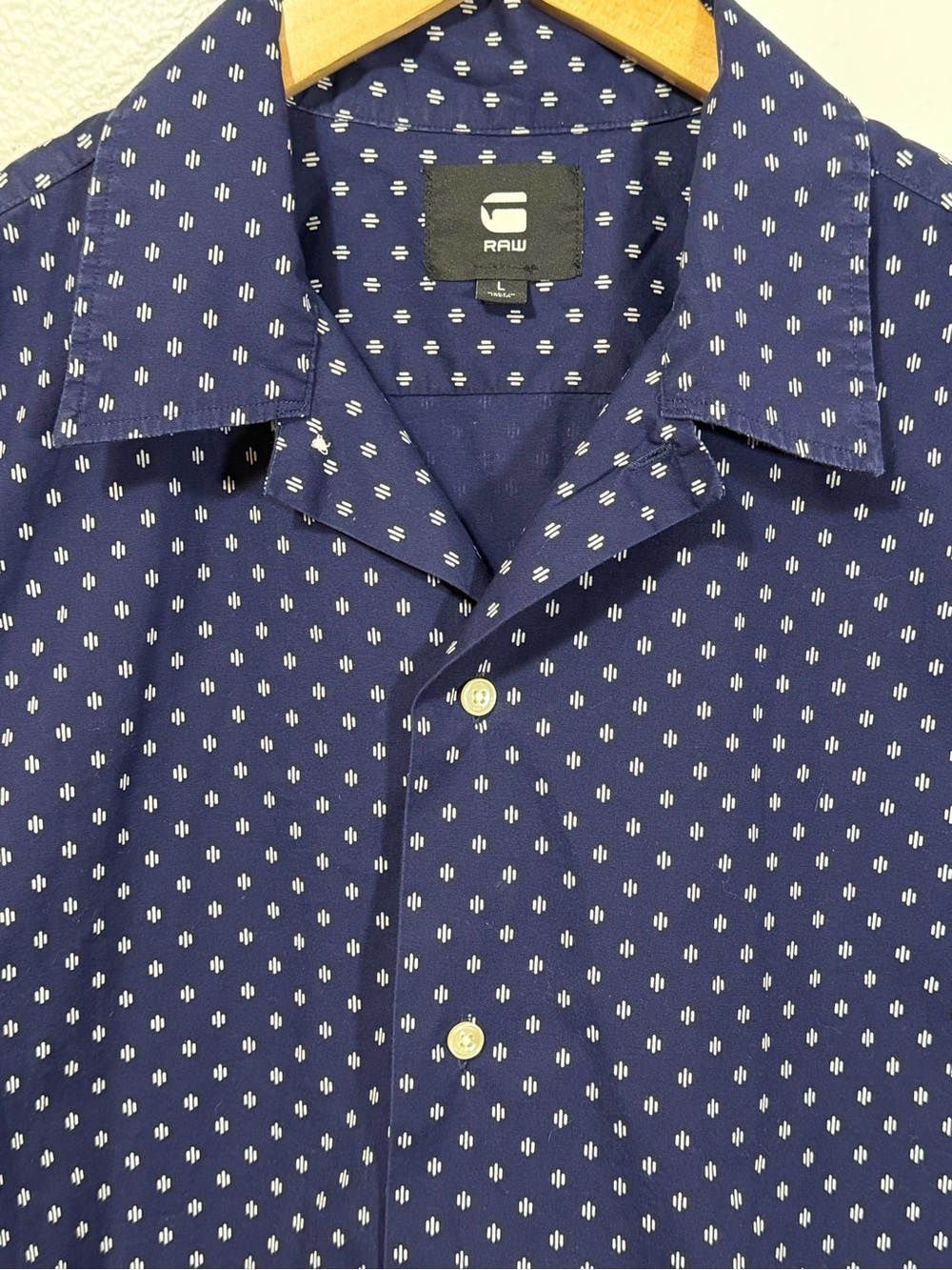G-STAR RAW Men’s Blue/White Geometric Button-Up Shirt Short Sleeve Size LARGE